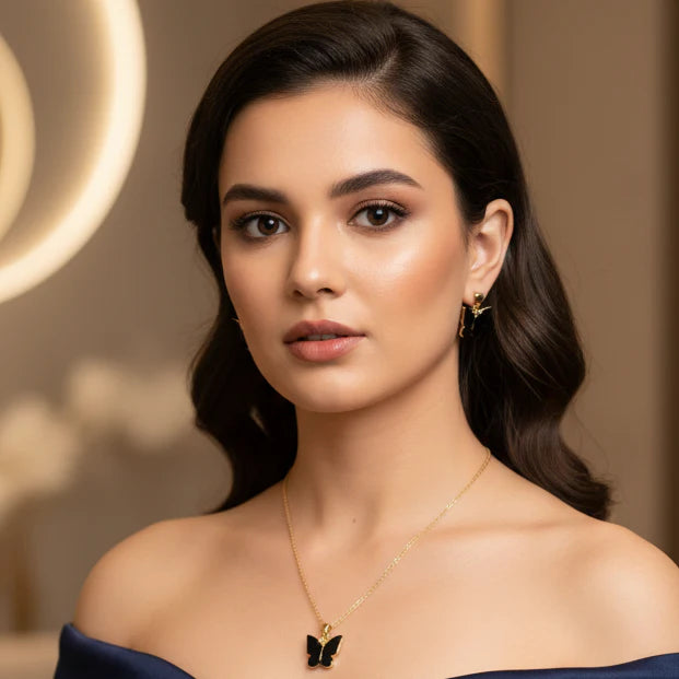 Women’s Butterfly Design Analog Watch with Bracelet, Necklace, and Earrings Combo Gift Set featuring elegant jewelry and stylish watch for special occasions