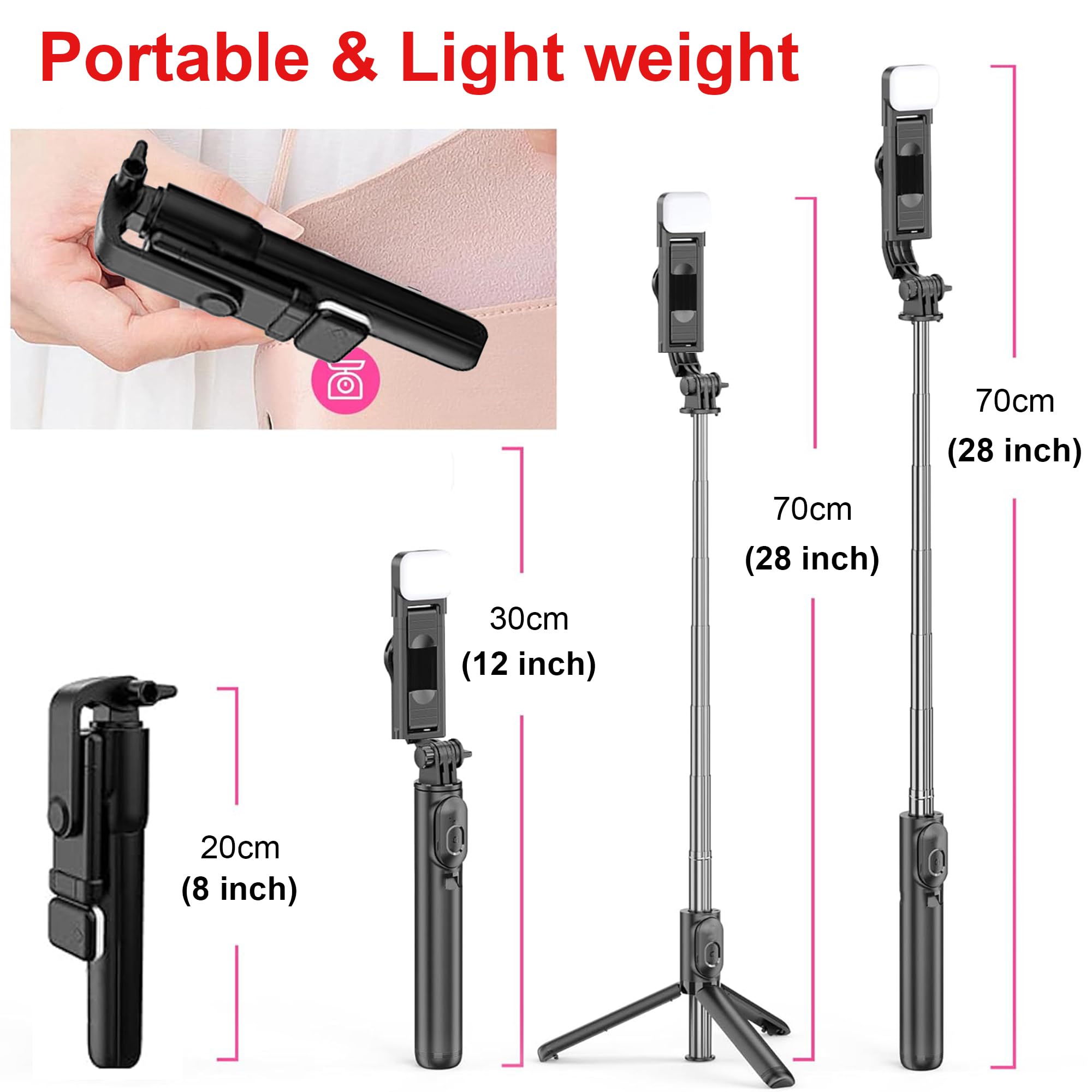 R1S Extendable Flash 3-in-1 Selfie Stick Tripod with Bluetooth Remote