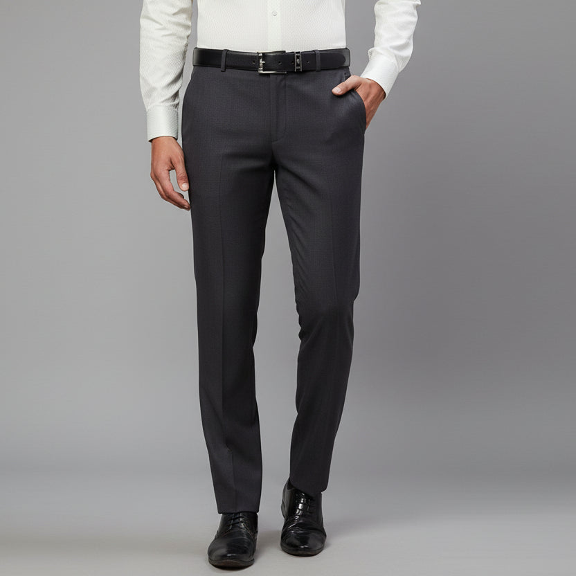 Dark Grey Solid Mid-Rise Stretchable Men Formal Trousers – Comfortable, durable, and stylish office & daily wear trousers.