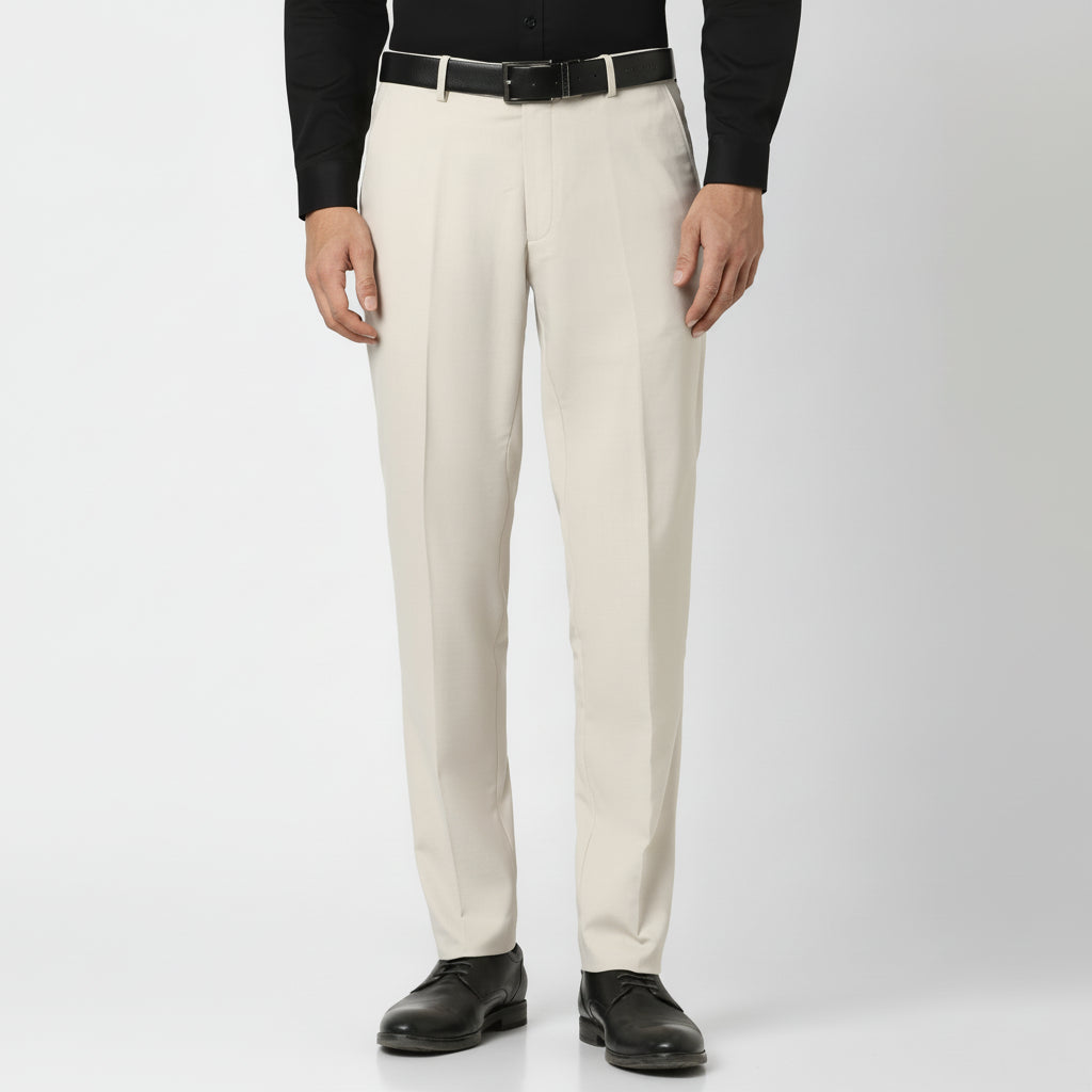 Khaki Solid Mid-Rise Stretchable Men Formal Trousers, 