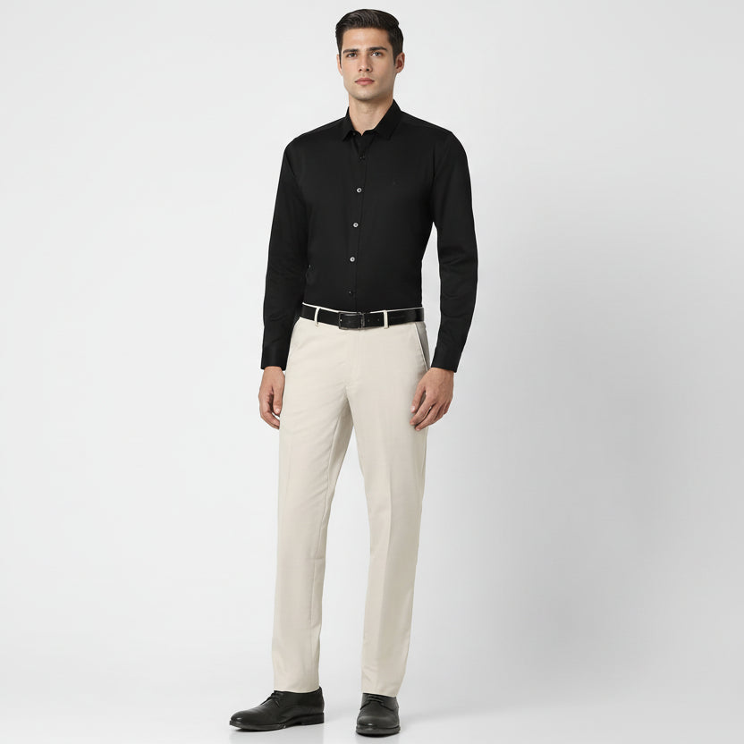 Khaki Solid Mid-Rise Stretchable Men Formal Trousers, 