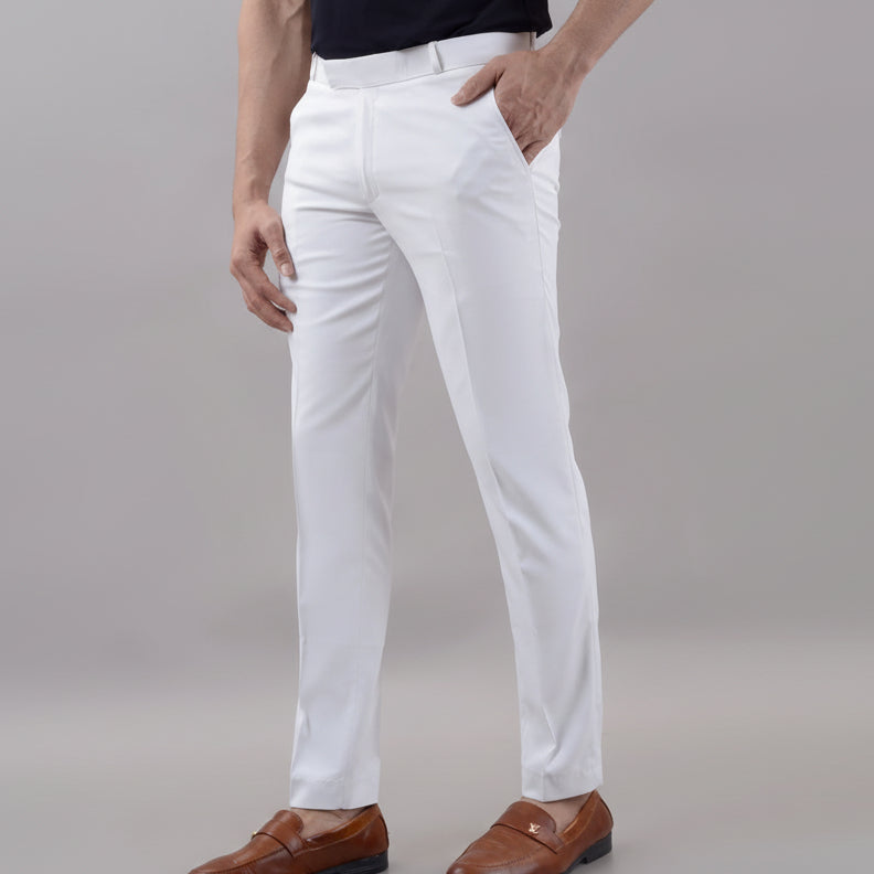 VILLAIN White Mid-Rise Stretchable Men's Formal Trousers – Stylish, comfortable, and durable for office and daily wear.