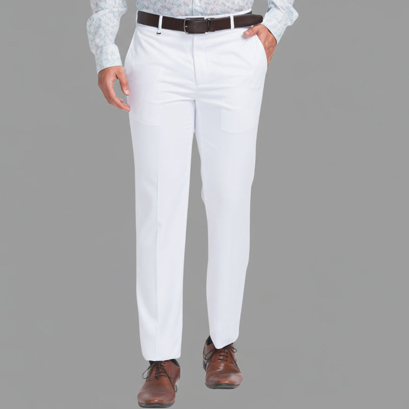 White Solid Mid-Rise Stretchable Men's Formal Trousers – Comfortable, durable, and stylish for office and daily wear.