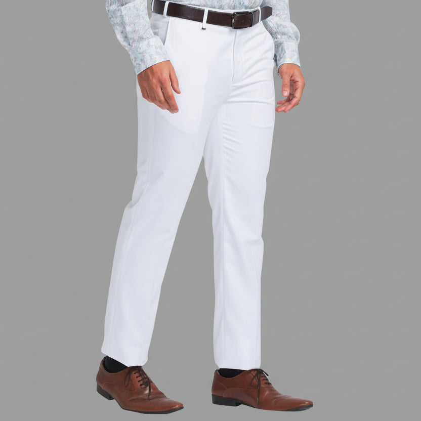 White Solid Mid-Rise Stretchable Men's Formal Trousers – Comfortable, durable, and stylish for office and daily wear.