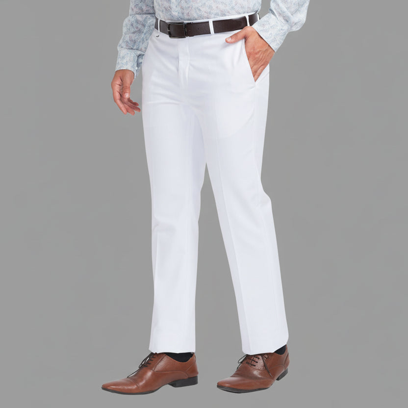 White Solid Mid-Rise Stretchable Men Formal Trousers