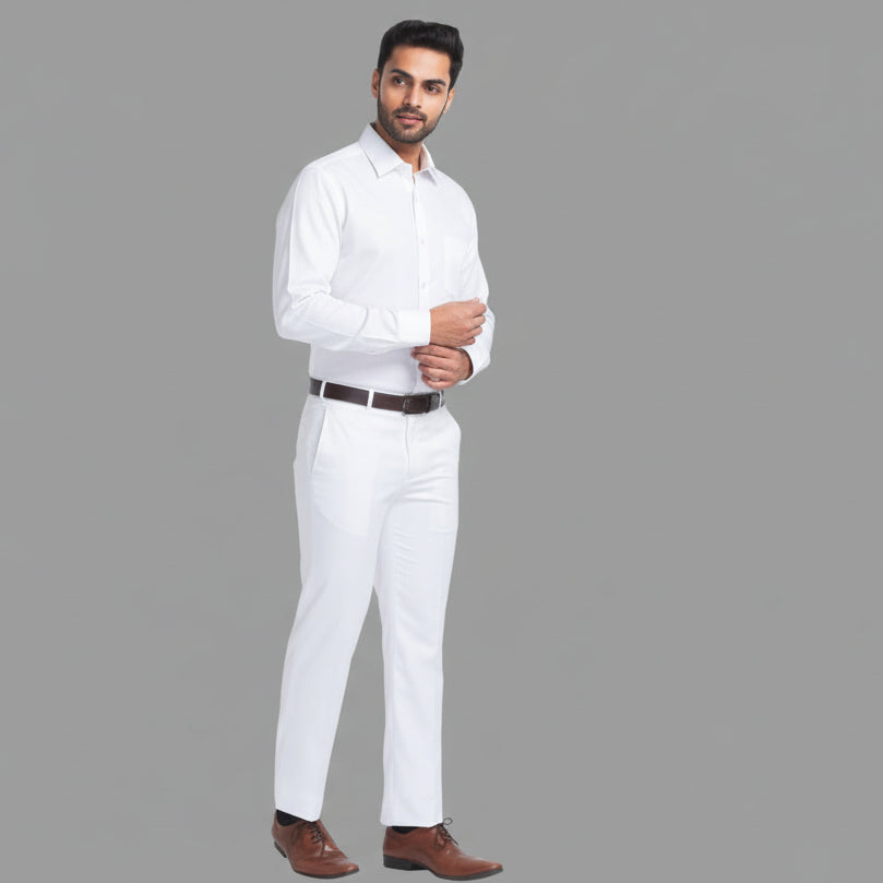 White Solid Mid-Rise Stretchable Men Formal Trousers