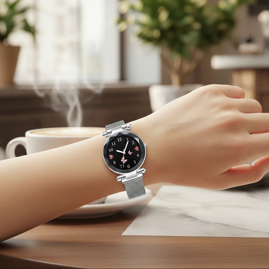 Women’s Butterfly Design Silver Color Analog Watch with Bracelet, Necklace, and Earrings Combo Gift Set featuring elegant jewelry and stylish watch