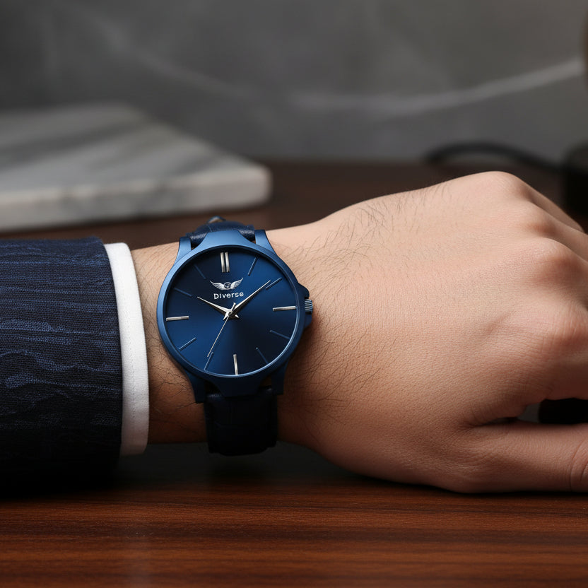 Men’s Analog Leather Watch – Blue ethnic dial with stylish design, durable leather strap, and comfortable everyday wear.