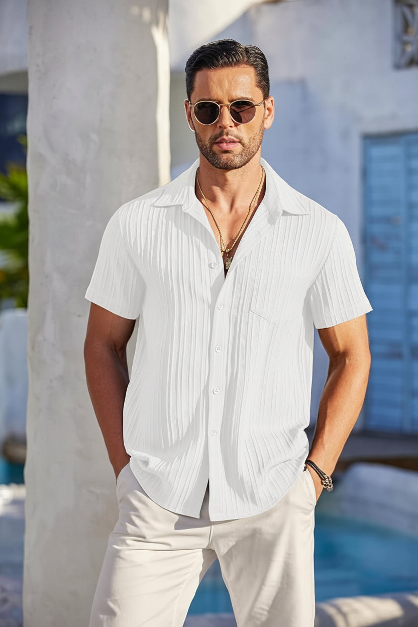 White Popcorn Half Sleeves Shirt for Men with textured breathable fabric and modern slim fit for stylish summer casual wear